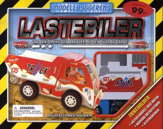 "Lastebiler - modellbyggeren : lastebilmodell med motor, aktivitetsbok, klistremerker" av Heidi B. Johannessen