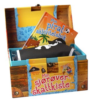 Min sjørøverskattkiste. 1 kiste. 1 aktivitetsbok. 1 øyelapp. 1 sjørøverhatt. 1 krok. 1 ark med tatoveringer