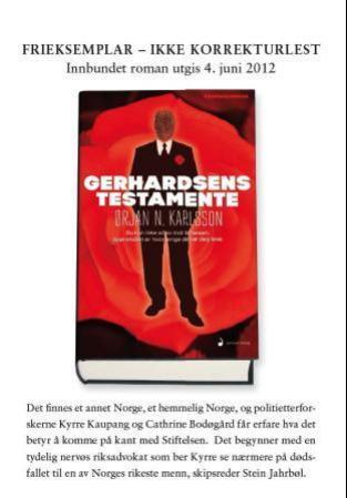 "Gerhardsens testamente. Leseeksemplar til bokhandel" av Ørjan N. Karlsson