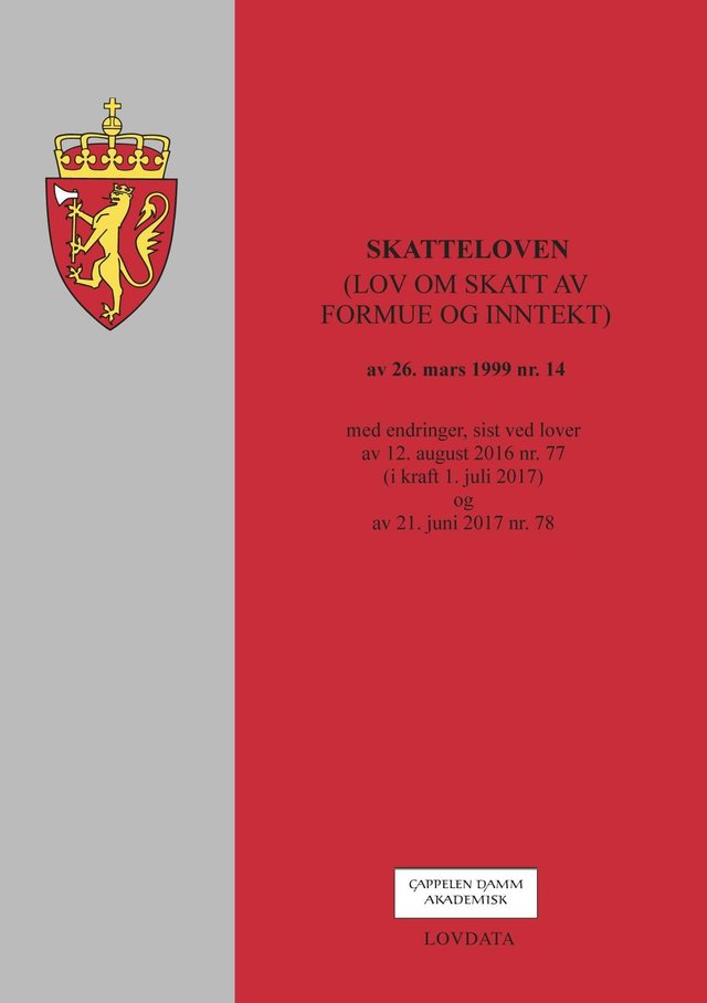 "Skatteloven - (lov om skatt av formue og inntekt) av 26. mars 1999 nr. 14 : med endringer, sist ved lover av 12. august 2016 nr. 77 (i kraft 1. juli 2017) og av 21. juni 2017 nr. 78" av Norge