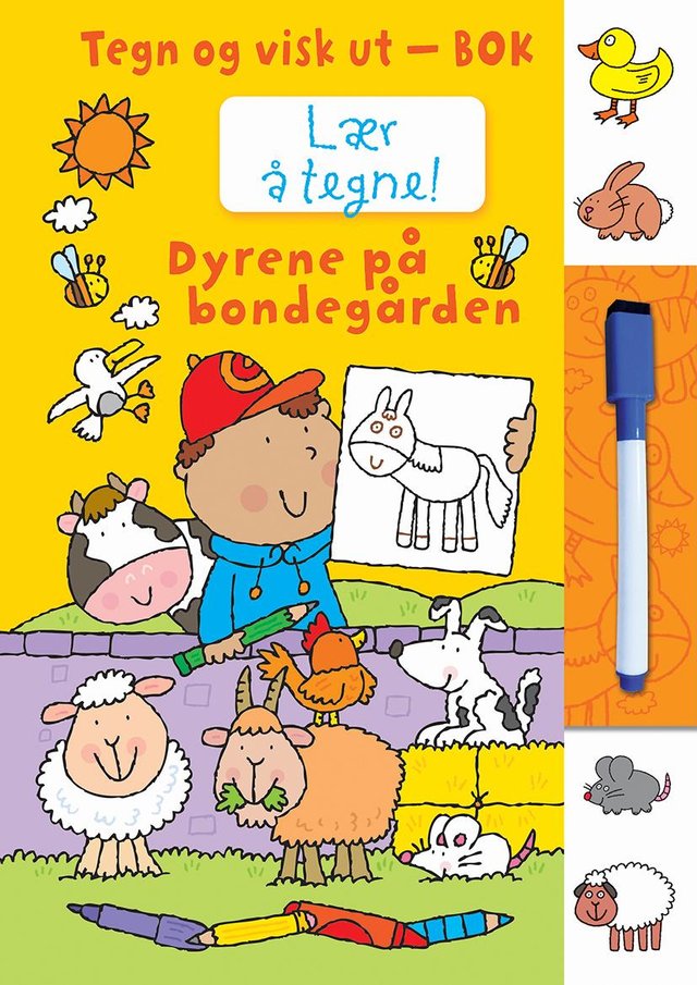 "Dyrene på bondegården - tegn og visk ut-bok" av Simon Abbott