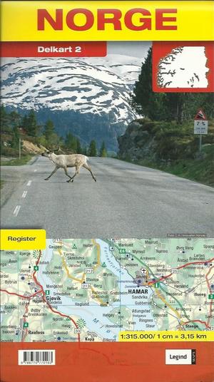 "Norge - Delkart 2 1:315.000 Kart på begge sider - Register 27 sider - Kristiansund og Orkanger i Nord til Hamar, Gjøvik, Gol, Flåm og Sognefjorden i Sør."