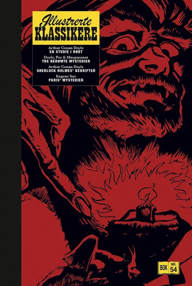"En studie i rødt ; Tre berømte mysterier ; Sherlock Holmes' bedrifter ; Paris' mysterier" av Arthur Conan Doyle